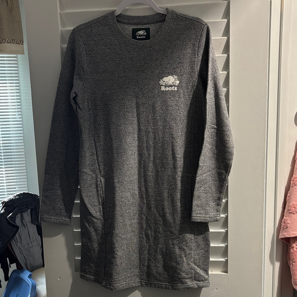 Roots Charcoal Grey Sweatshirt Dress with White Logo